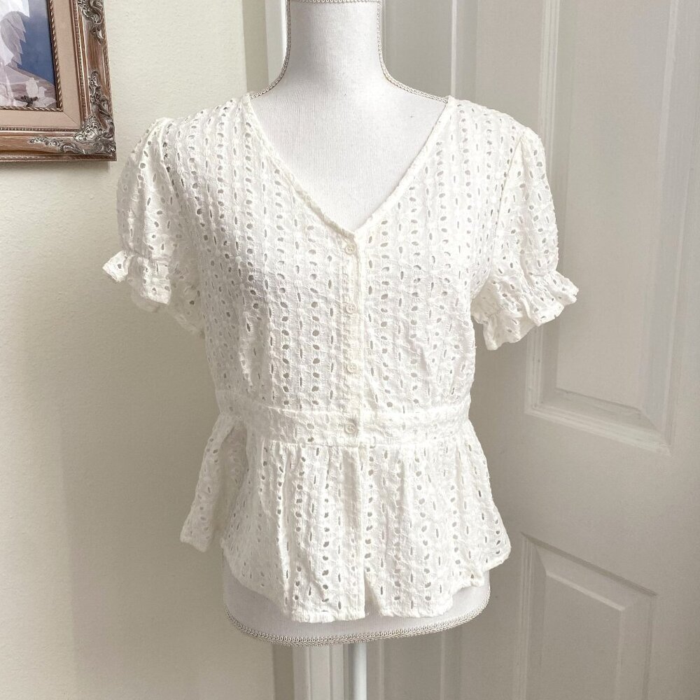 Vila Vikista Eyelet Short Sleeve Button Detail Top Peplum White Size 8